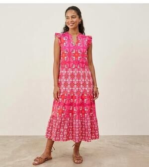Bohemian 1XL Pink Geometric Flutter Sleeve Tiered Teacher Maxi Dress